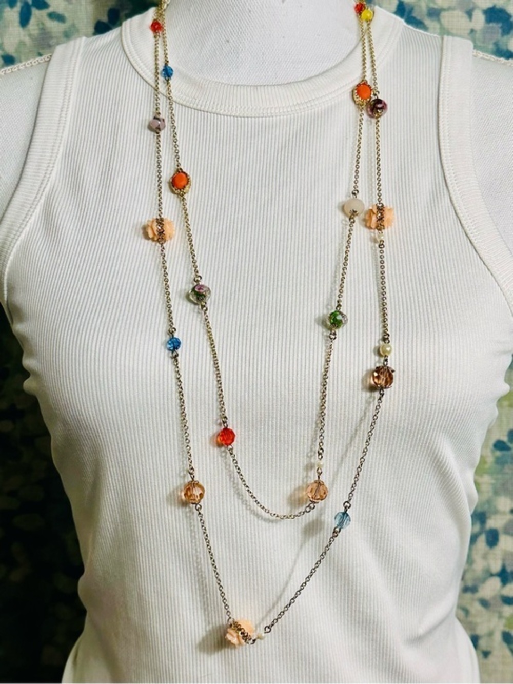 NWT Gold Tone Multicolor Beaded Floral Layered Necklace 32-35”